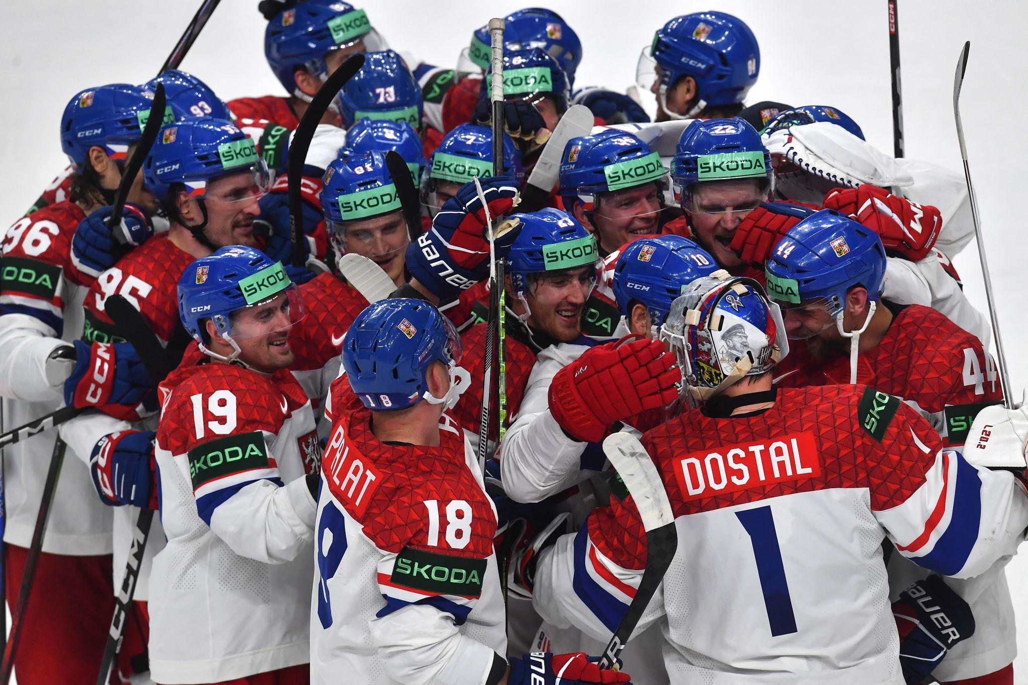 Czechia players celebrate goal during men’s playoff qualifier vs Denmark 2026