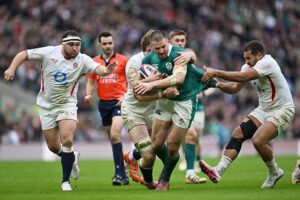 Ireland players celebrate try during Ireland vs England Six Nations 2026 match on February 21
